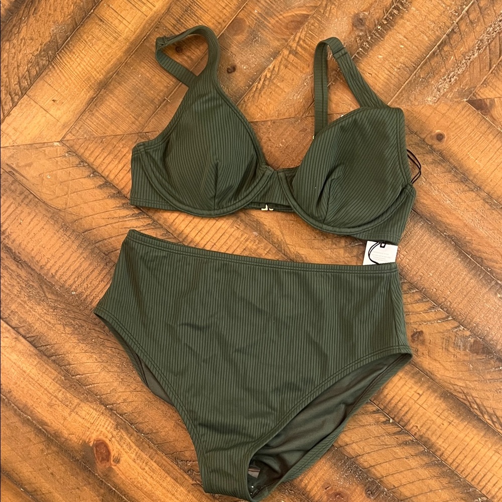 Shade & Shore Olive Green Ribbed Underwire Bikini Set